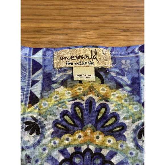 One World Live & Let Live Knit Tunic Sz L Blue Rhinestone Artsy Asymmetrical Hem - Picture 3 of 12